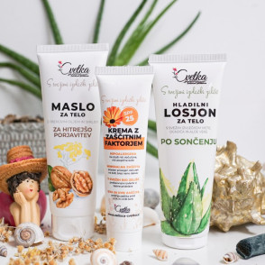 Spf25 krema, losjon po sončenju in maslo za hitrejšo porjavitev